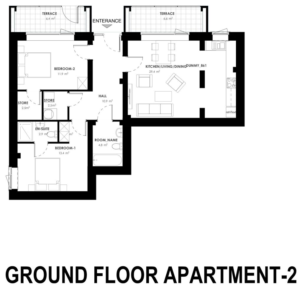 Architect floor plan for the 2 bed apartment at Grange Oaks, Ground Floor, Apartment 2