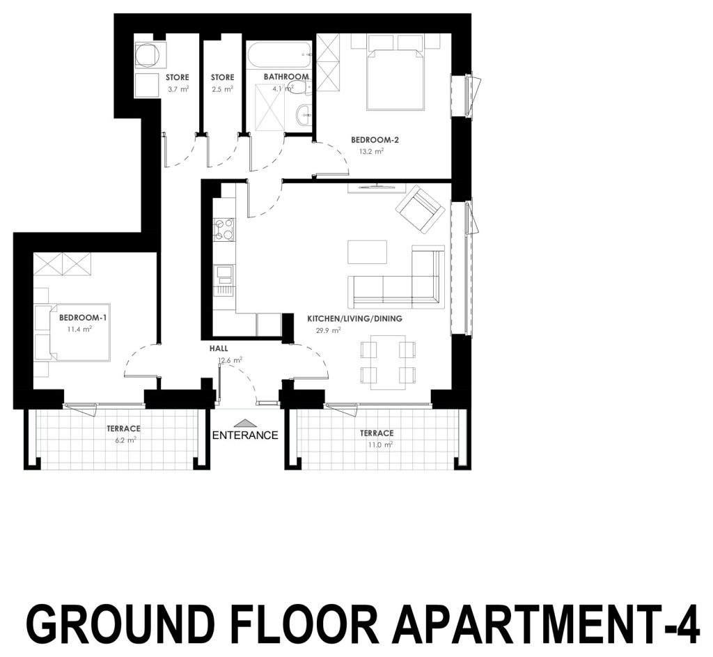 Architect floor plan for the 2 bed apartment at Grange Oaks, Ground Floor, Apartment 4
