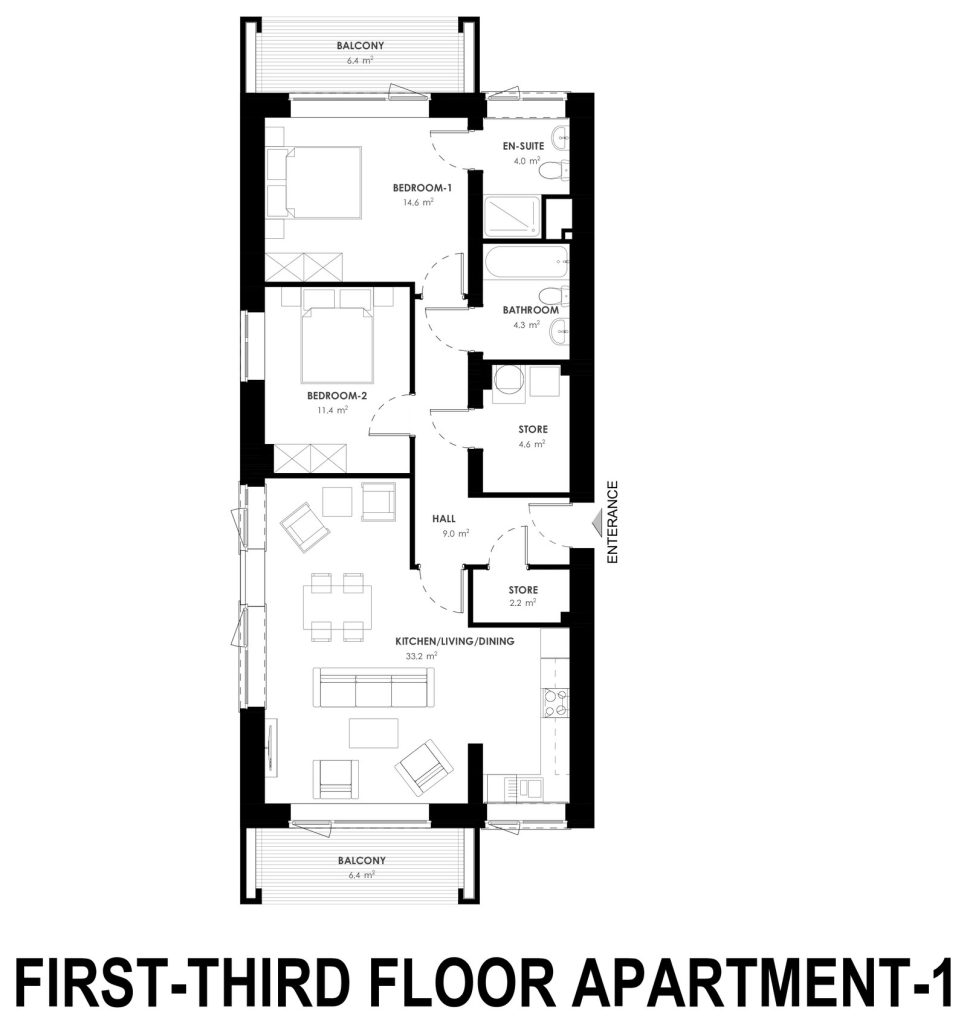 Architect floor plan for the 2 bed apartment at Grange Oaks, First to Third Floor, Apartment 1