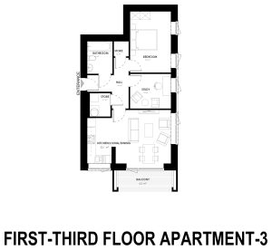 Architect floor plan for the 1 bed plus study at Grange Oaks, First to Third Floor, Apartment 3
