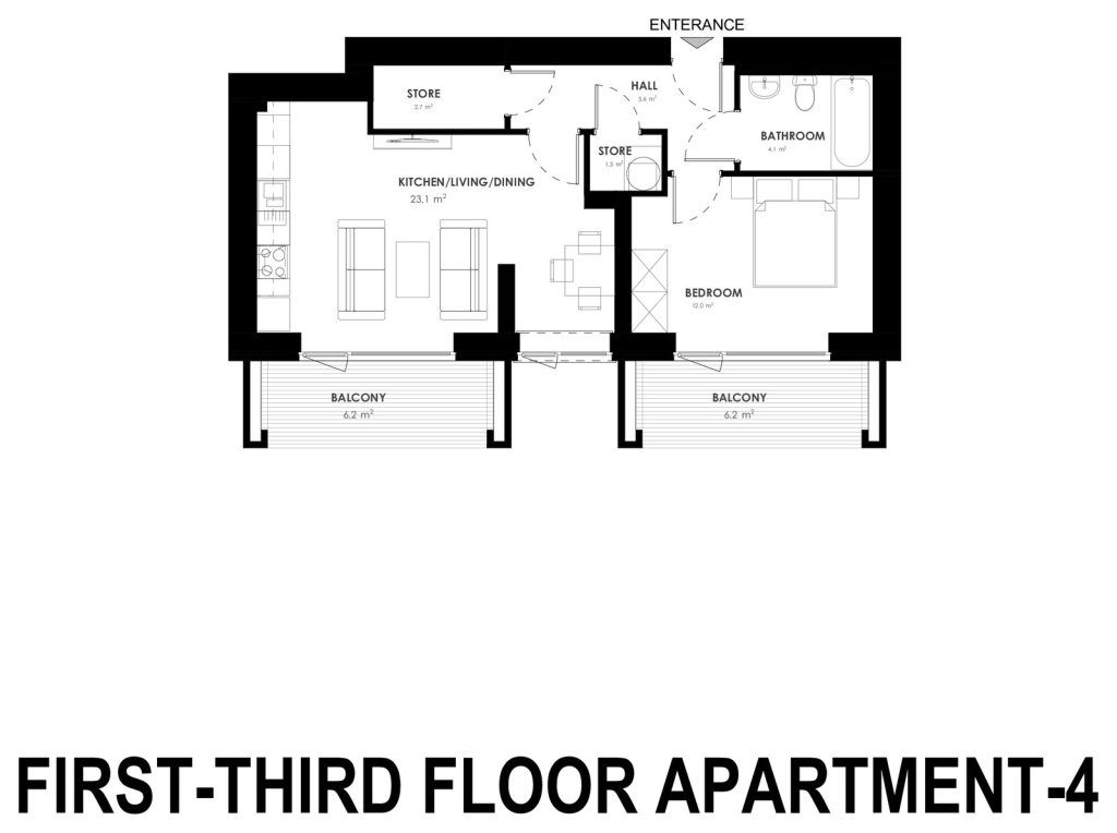 Architect floor plan for the 1 bed apartment at Grange Oaks, First to Third Floor, Apartment 4