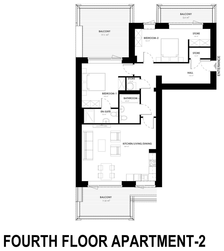 Architect floor plan for the 2 bed apartment at Grange Oaks, Fourth Floor, Apartment 2