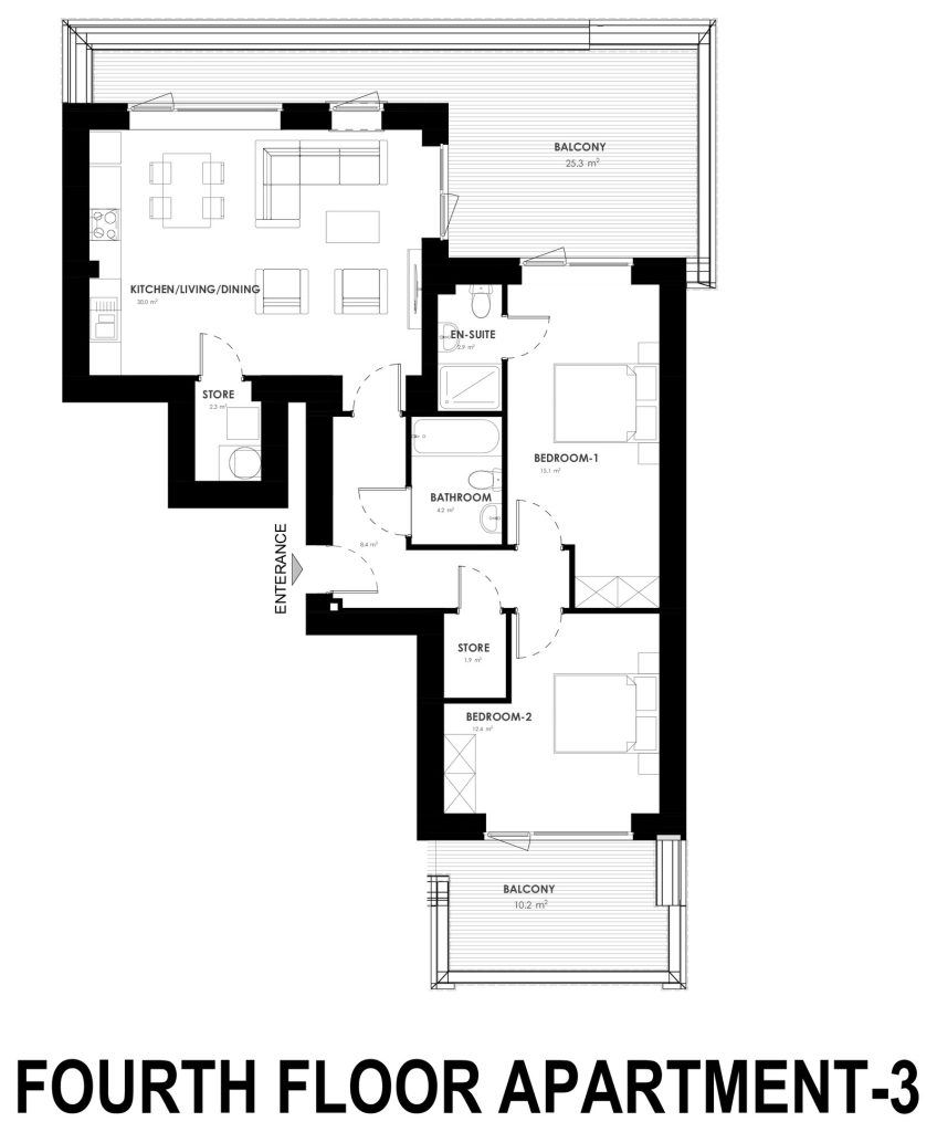Architect floor plan for the 2 bed apartment at Grange Oaks, Fourth Floor, Apartment 3