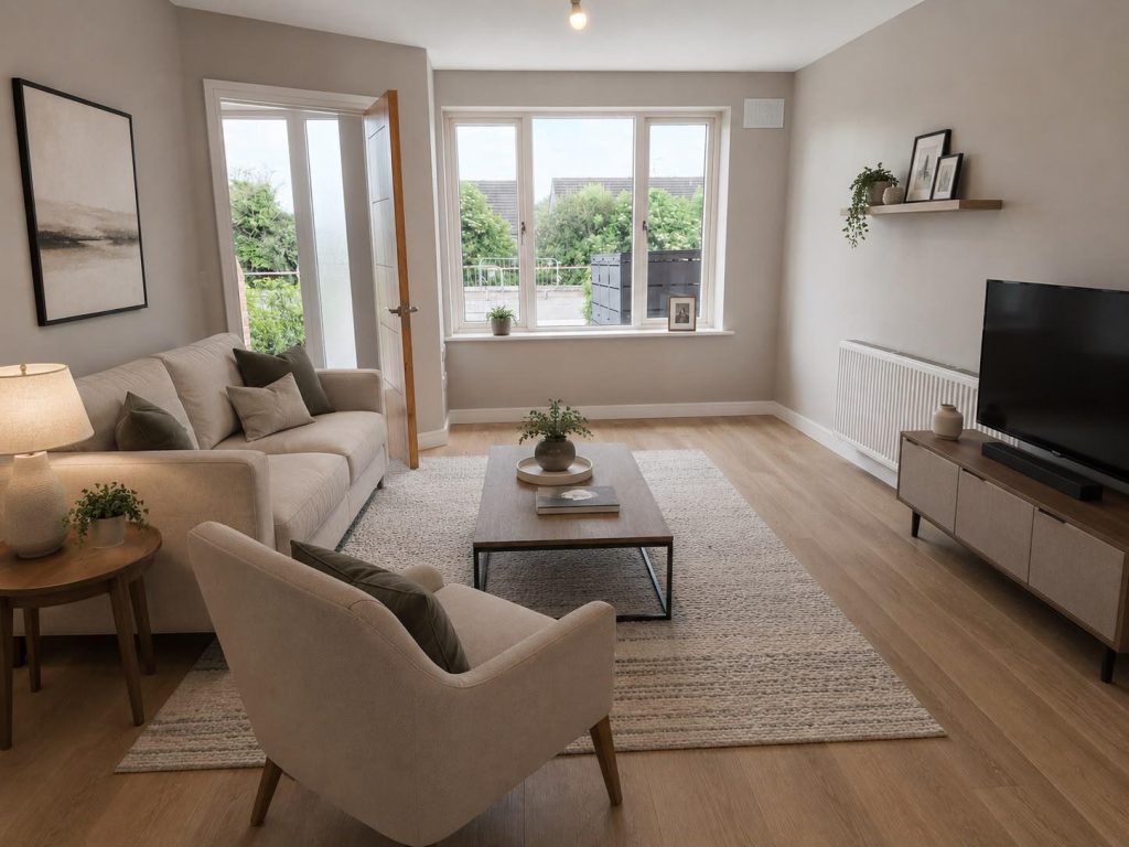 Show home living room at Hearthfield with a two-seater sofa, an armchair, a coffee table on a rug, a wall-mounted television unit and a glazed door to the garden.