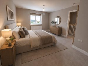 Show home double bedroom at Hearthfield with an upholstered bed, bedside lamps, a chest of drawers and a window above the radiator.